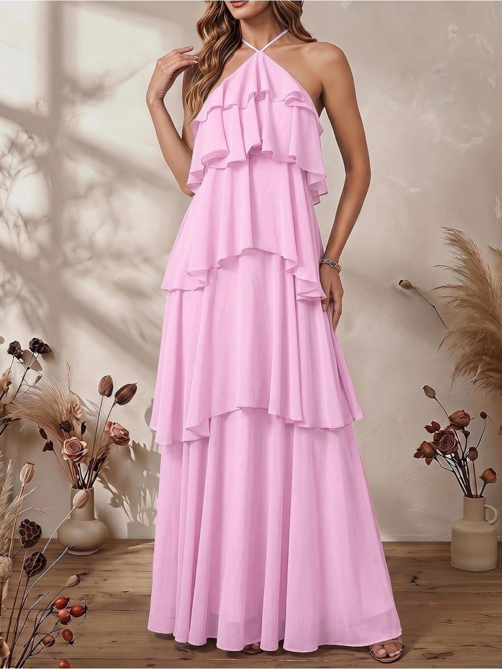 Romantic Layered Ruffle Maxi Dress in Light Pink - Picture 3 of 5